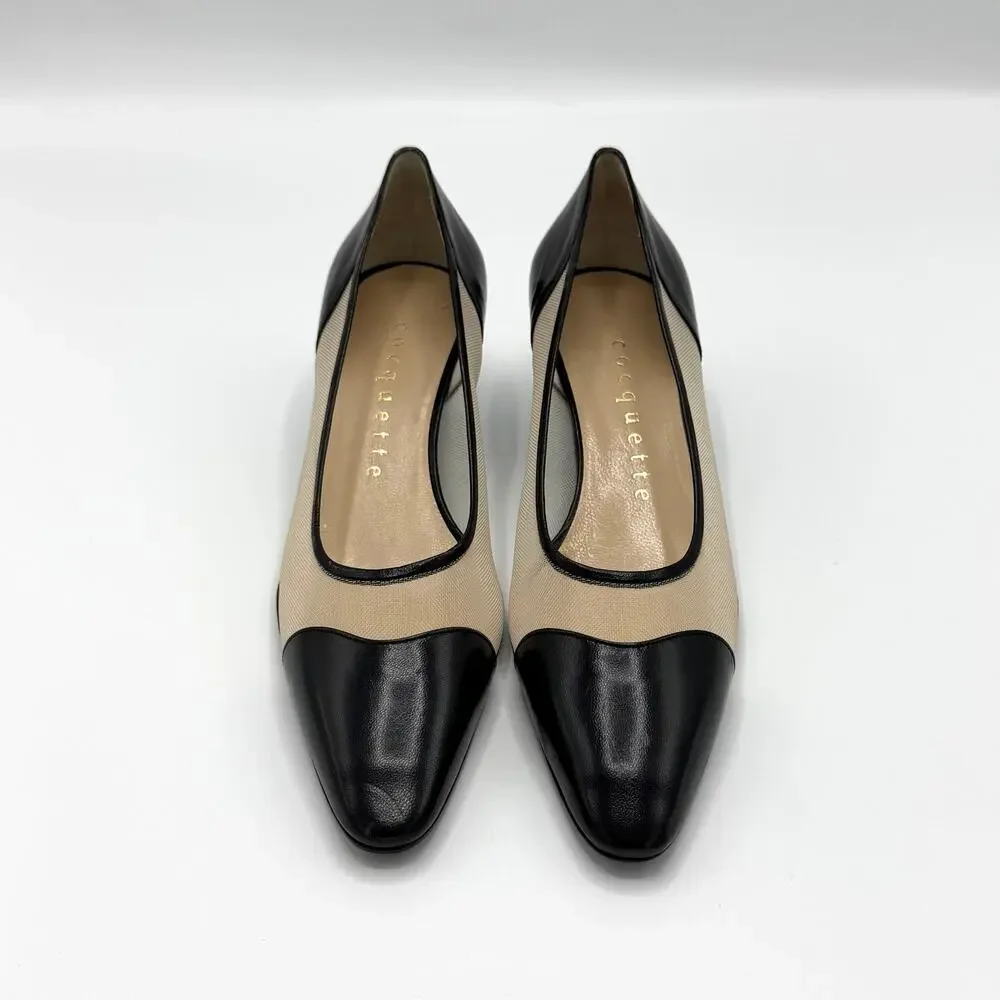 NEW Cocquette Black Leather Mesh Kitten Heels 35.5 Italy Cap Toe Pumps